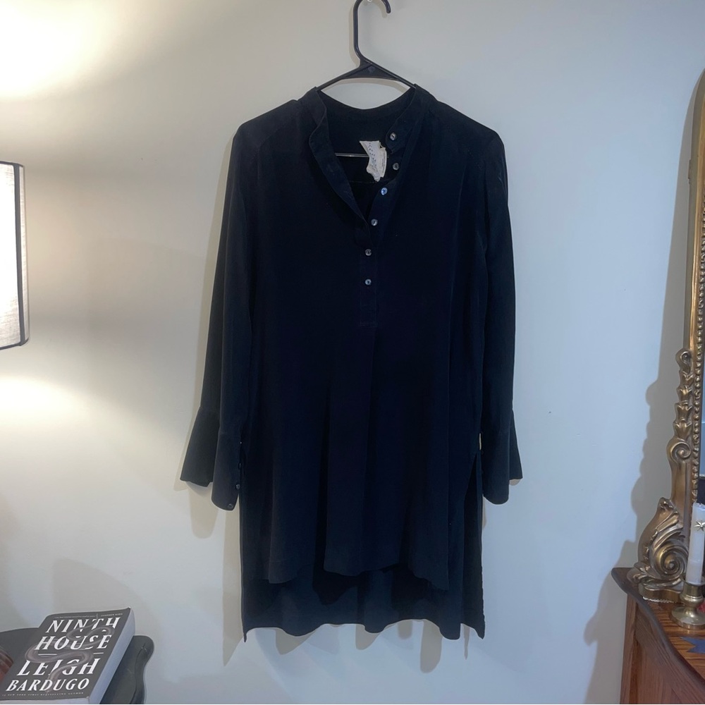 Free People Black Silk Long Sleeve High Low Tunic Button Up Size Small